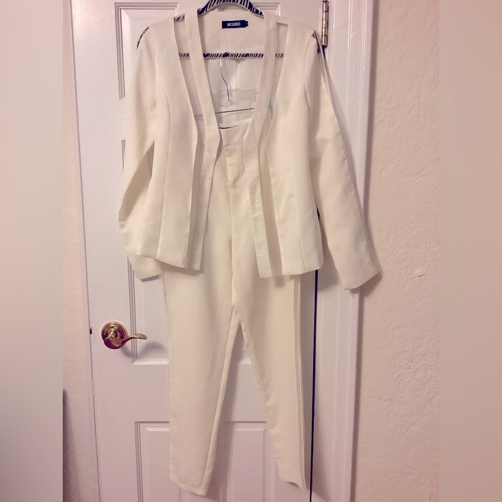 Missguided White Pant Suit with Sheer Inserts on Sleeves & Legs